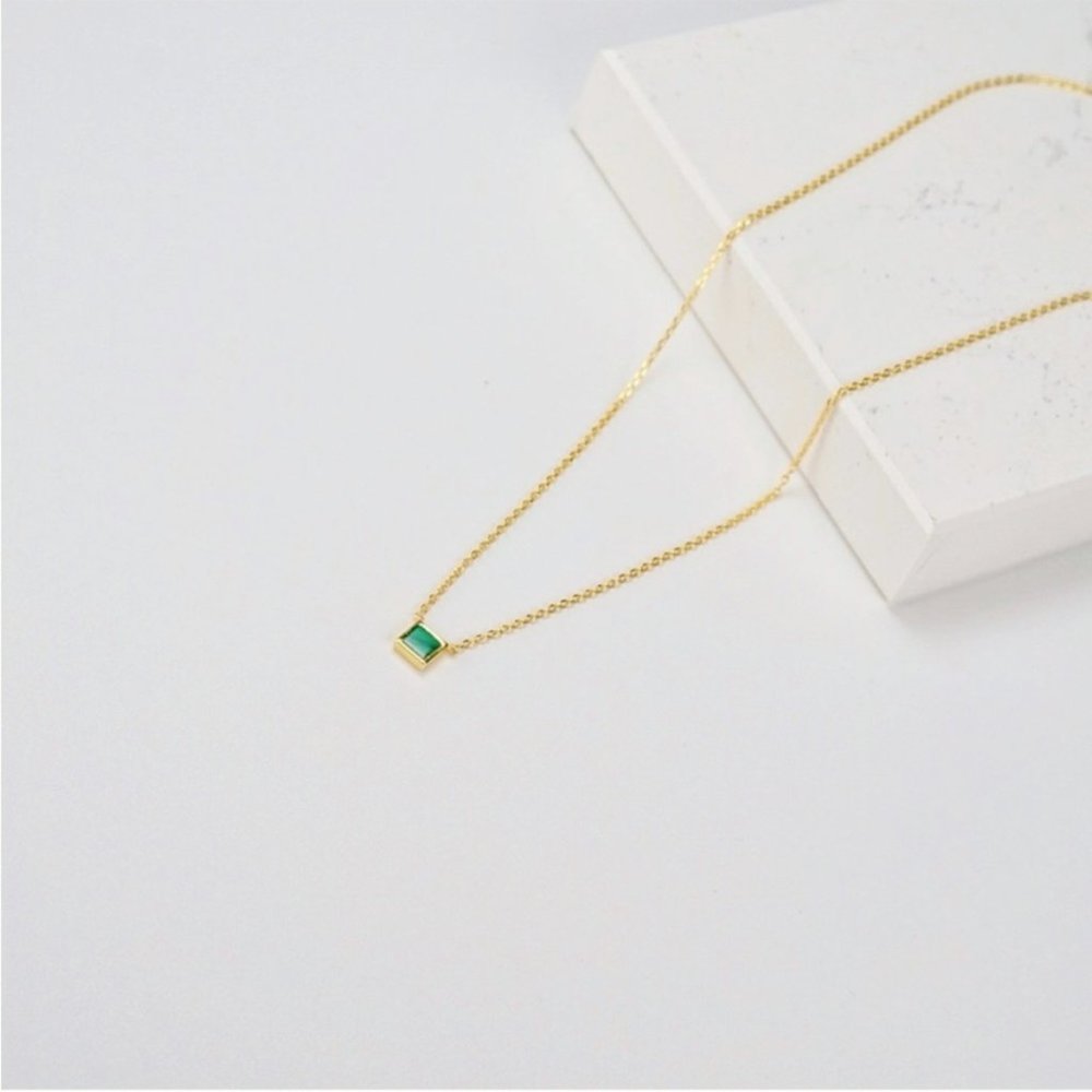 Malachite Square Pendant Necklace 18K Gold S925 - Picture 4 of 9